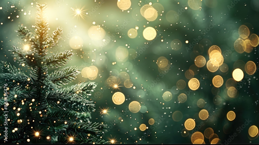 Aufkleber Green canvas background with xmas tree and sparkle bokeh lights. Greetings for the holiday season. Theme of the winter holidays. Happy New Year. Space for text. Generative AI.