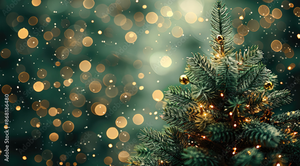 Poster Green canvas background with xmas tree and sparkle bokeh lights. Greetings for the holiday season. Theme of the winter holidays. Happy New Year. Space for text. Generative AI.