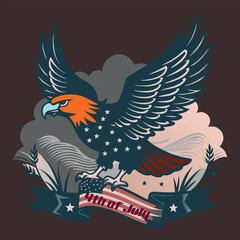 Vintage Eagle soars across American flags, Iconic symbols with vintage flair and flag in antique Hues