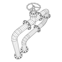 Oil pipeline with valve. Petrol production. Petroleum fuel industry transportation line. Wireframe low poly mesh vector illustration