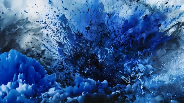 Blue and Black Abstract Splashes, Depict a fantastical scene of a blue explosion consuming the entire canvas in a breathtaking display