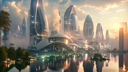 A futuristic cityscape featuring modern buildings and water, Depict a futuristic cityscape where sustainable architecture is the norm