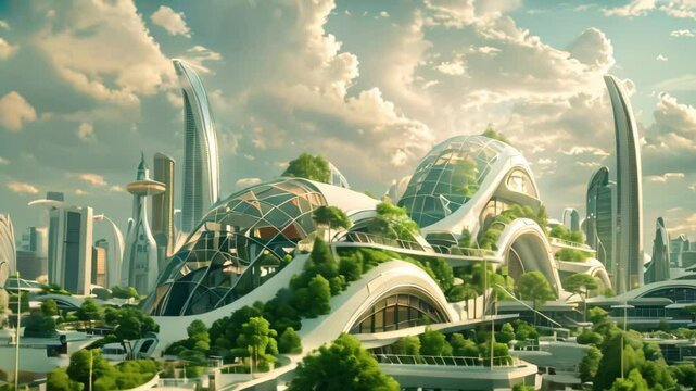 View of a futuristic city with sustainable architecture and advanced technology, Depict a futuristic cityscape where sustainable architecture is the norm