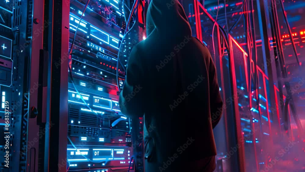 Poster a man wearing a hoodie is actively working in a server room, focused on his tasks, depict a hacker a