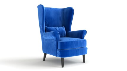 Blue Velvet Modern Wingback Chair Isolated in White Background

