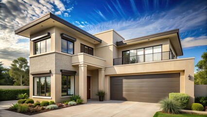 Fototapeta premium Contemporary home with soft ecru walls, sapphire trim, under a sunny sky, contemporary, home, ecru, walls, sapphire, trim