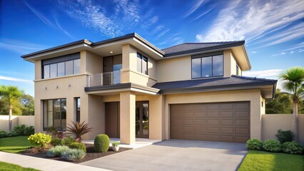 Contemporary home with soft ecru walls, sapphire trim, under a sunny sky, contemporary, home, ecru, walls, sapphire, trim