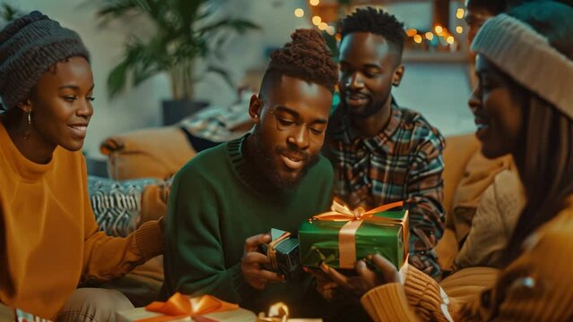 A group of people sitting on a couch, exchanging and opening gifts in a living room setting, Depict a group of friends exchanging thoughtful gifts on Boxing Day