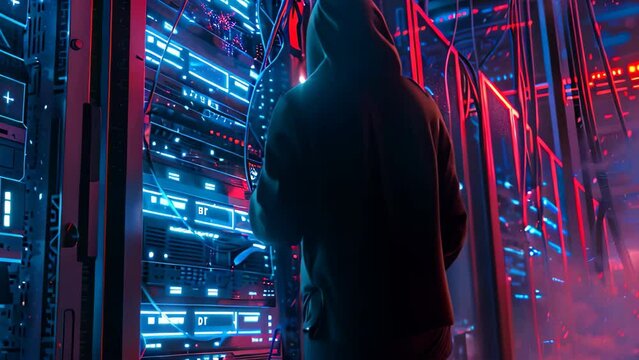 A man wearing a hoodie is actively working in a server room, focused on his tasks, Depict a hacker attempting to breach a secure server with advanced cyber tools