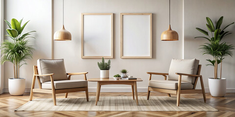 Living room design with empty frame mockup, two wooden chairs on white wall
