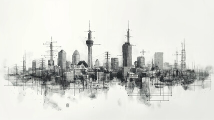 Obraz premium Design a minimalist, scratchy sketch style black and white drawing that combines elements of both 4G and 5G technologies. Show a split scene where one side of the image features a 4G tower connecting 