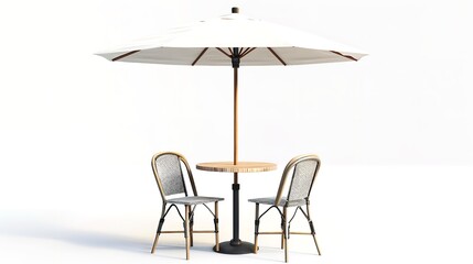 Cafe Table with Chair and Parasol Umbrella Isolated on White Background

