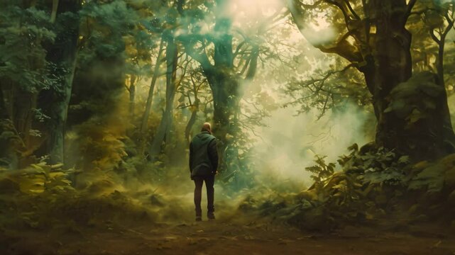 A man quietly walking through a forest with trees and foliage surrounding him, Depict a scene of a hunter silently tracking their prey through the forest