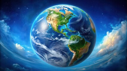 Planet Earth with vast blue oceans, green continents, and swirling white clouds, Earth, planet, world, nature, environment, globe