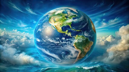 Fototapeta premium Planet Earth with vast blue oceans, green continents, and swirling white clouds, Earth, planet, world, nature, environment, globe