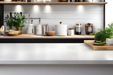 Fototapeta premium white table for display or product showcase with blurry modern kitchen background scene