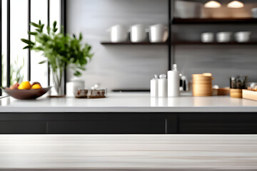 Fototapeta premium white table for display or product showcase with blurry modern kitchen background scene