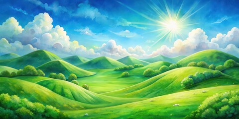 Obraz premium Watercolor painting of bright green St. Patrick's Day hills under a sunny sky, watercolor, painting, St. Patrick's Day, green