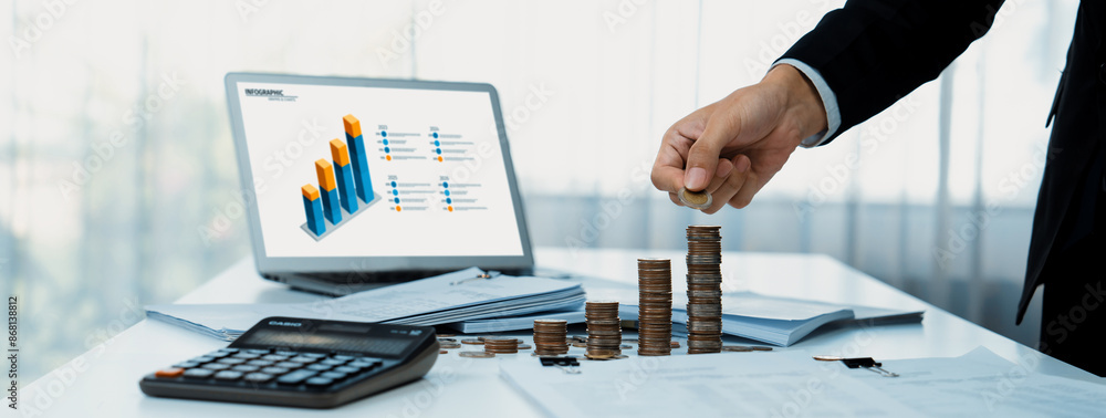 Poster business intelligence analyst use bi software on laptop to analyze financial data dashboard with gro