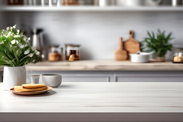 wooden table for display or product showcase with blurry modern kitchen background scene