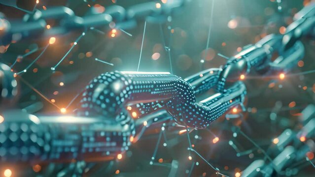 A chain with evenly spaced dots symbolizing the implementation of consensus algorithms in block baaabafea, Depict the concept of consensus algorithms in blockchain