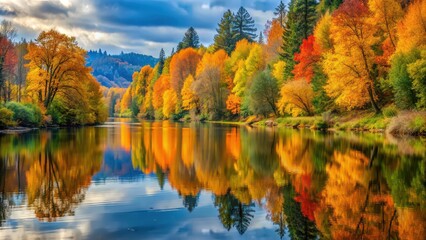 Autumn trees with vibrant foliage reflecting in calm Stillaguamish River, Fall, Foliage, Reflection, Stillaguamish River