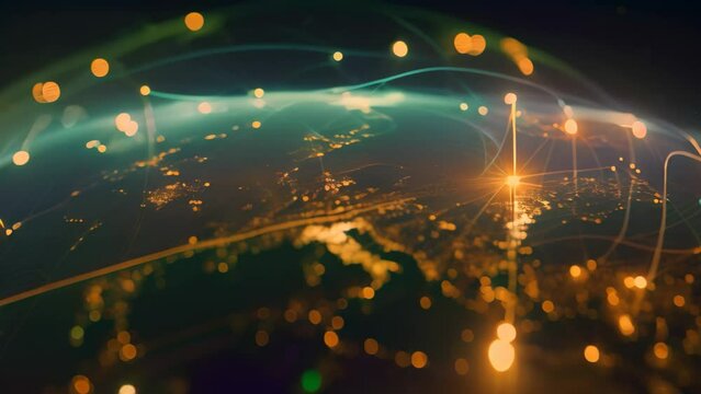 A globe with a network of lines representing interconnected global economy and communication systems, Depict the global economy as a network of interconnected nodes and lines