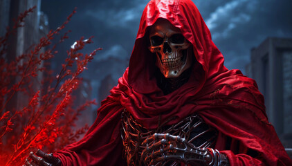 A Grim Reaper wrapped in a red cloak