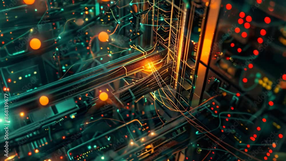 Poster detailed shot showing a computer system with a dense network of wires and cables, depict the interco