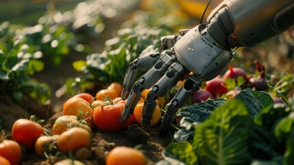 Close-up of a robotic arm carefully handling ripe vegetables, autumn landscape in the distance, [precision farming], [harvest season]