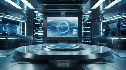 A futuristic room with a large screen and a round table. Product presentation background