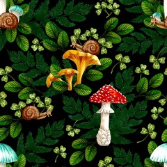 Seamless pattern of Fly Agaric, Russula and Chanterelle mushrooms, clover, leaves, fern and snails on black, hand drawn marker illustration. For wallpapers, wrapping paper, textile, fabric etc.