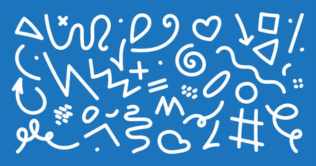 Naive playful abstract linear shapes, forms with editable strokes. Swirls, circles, hearts, signs, dots, ticks and wavy lines. Vector illustration isolated on blue background
