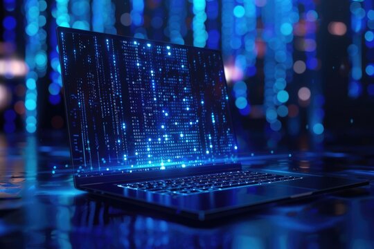 Rise of big data AI age with binary code display.