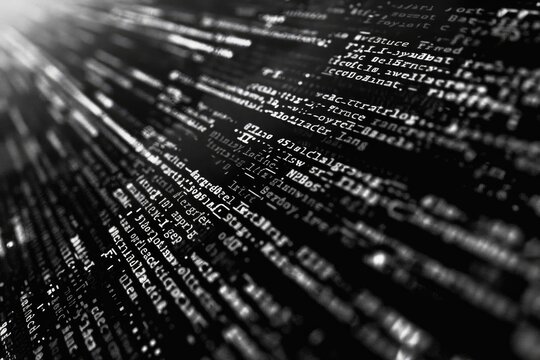 Black and white code background. javascript code on computer screen