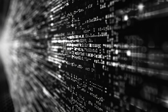Black and white code background. javascript code on computer screen