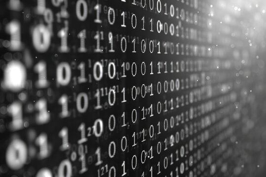 Binary code displayed on digital screen with matrix style background.