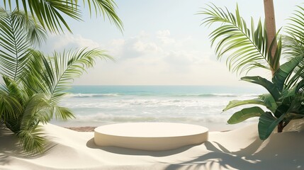 A beach scene with palm trees and a white sand area. Product presentation background