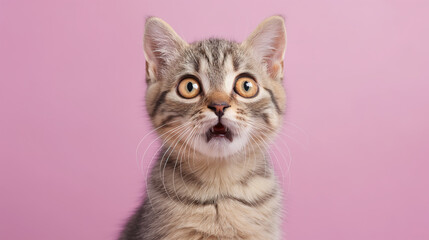 Obraz premium Adorable cute cat with surprised expression isolated on light purple background, Animal photography