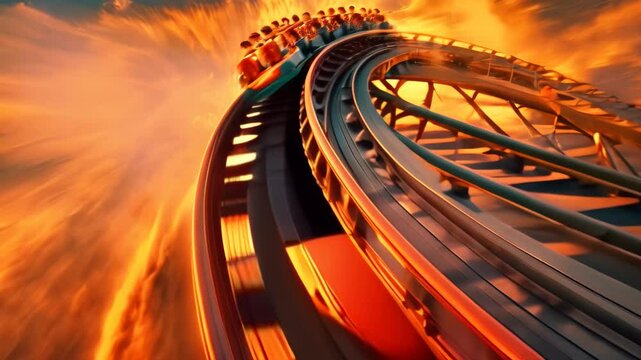 Roller Coaster in Motion, Depict the volatile nature of cryptocurrency values and the rollercoaster ride of investing in this market