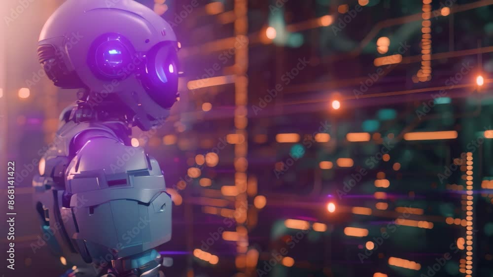 Poster a robot stands in front of a computer screen, analyzing data and displaying potential ai technology 