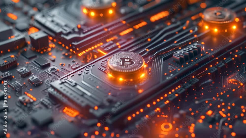 Aufkleber bitcoin close up on computer chip, depicting the relationship between electricity consumption and cr