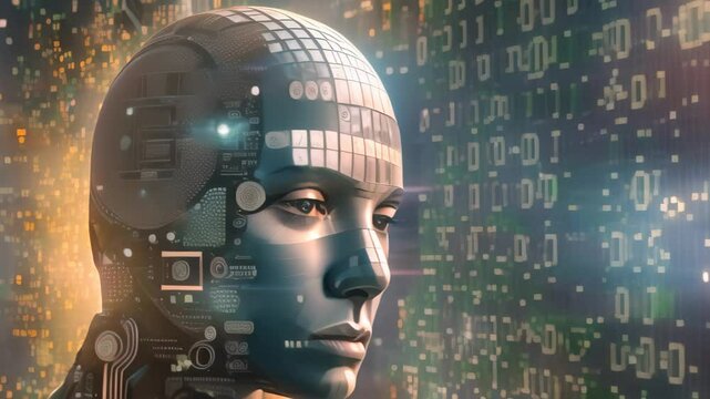 A mans head is shown against a digital background, Design a portrait of a computer-generated figure surrounded by binary code and cryptocurrency logos