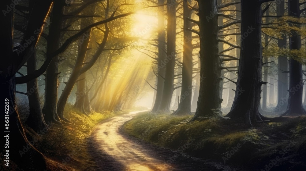 Poster enchanting forest pathway with beams of sunlight filtering through the trees, creating a mystical at
