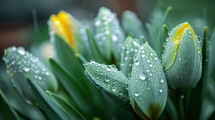 A bunch of green and yellow flowers with raindrops on them