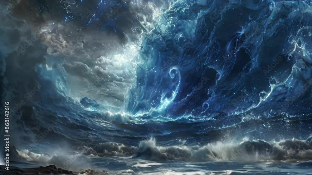 Poster a surreal landscape featuring a stormy ocean with powerful waves crashing in the background, design 