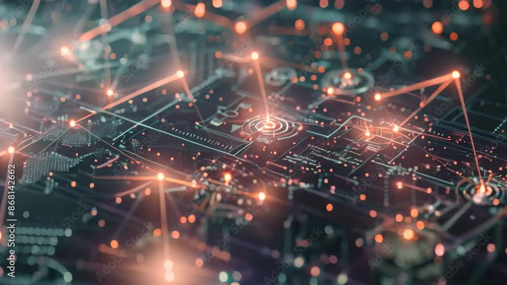 Poster visualization of a computer network under malware attack, represented by red and orange lines connec