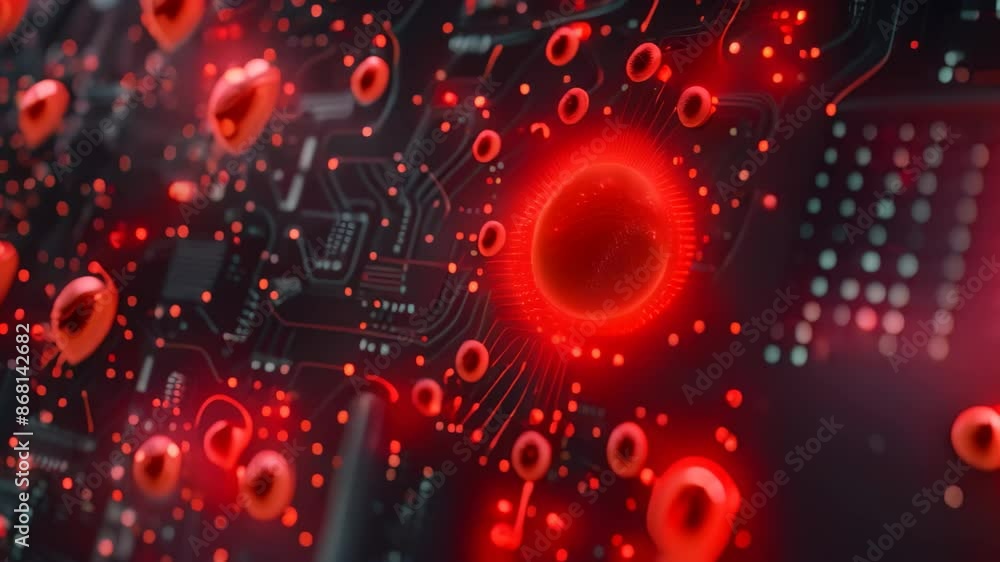 Poster a circuit board showing signs of infection with red cells, indicating a potential malware attack, de
