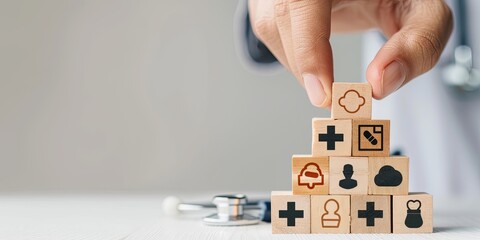 Hand building a pyramid of wooden blocks with healthcare and medical icons. Concept of health insurance, healthcare costs, and medical services.