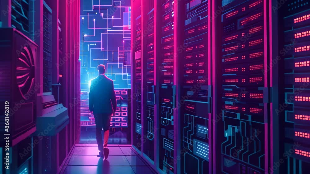 Poster man working in a server room, design a visually striking artwork that showcases the efficiency and r